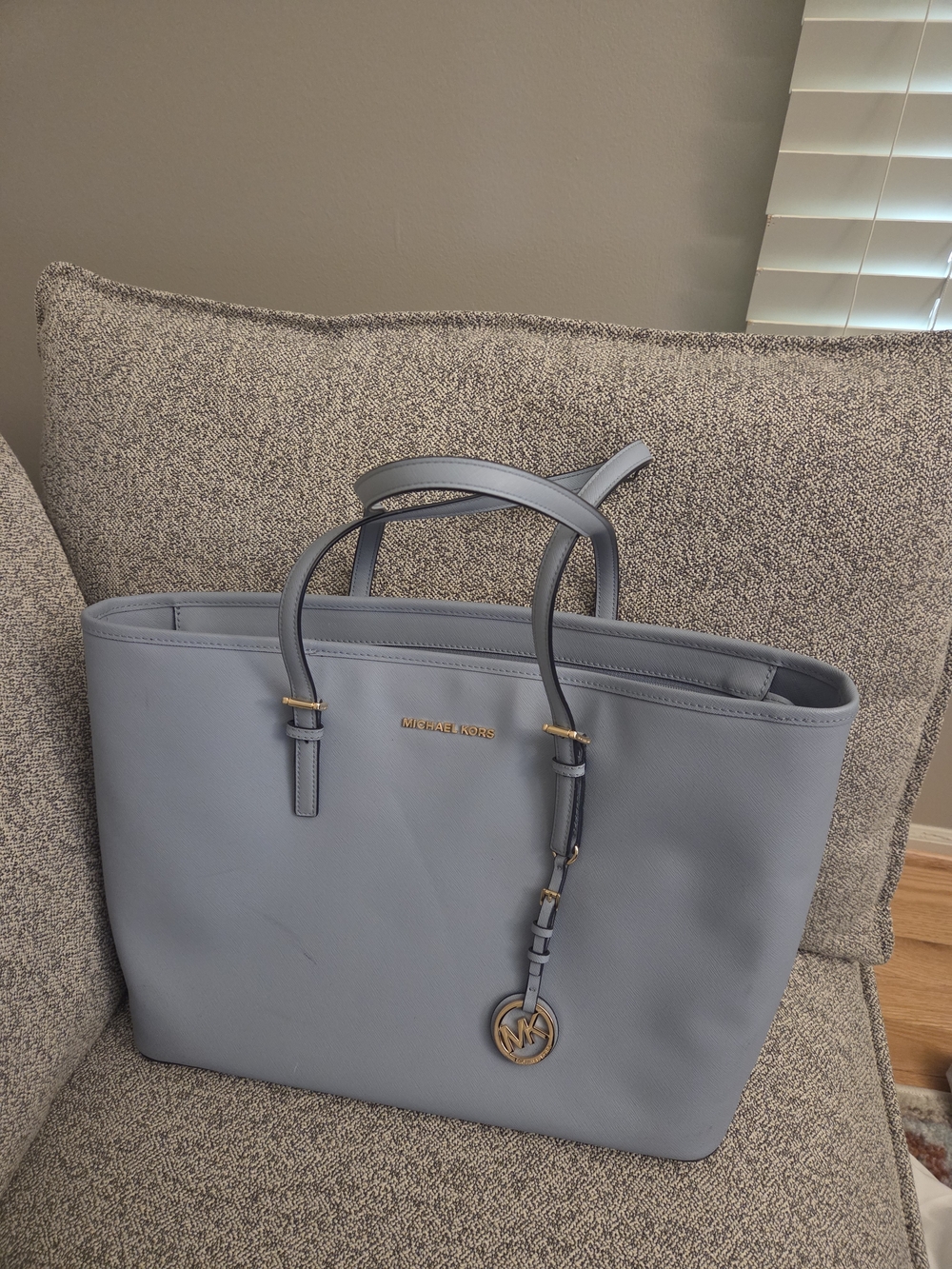 Michael Kors Dusty Blue Leather Tote with MK Charm